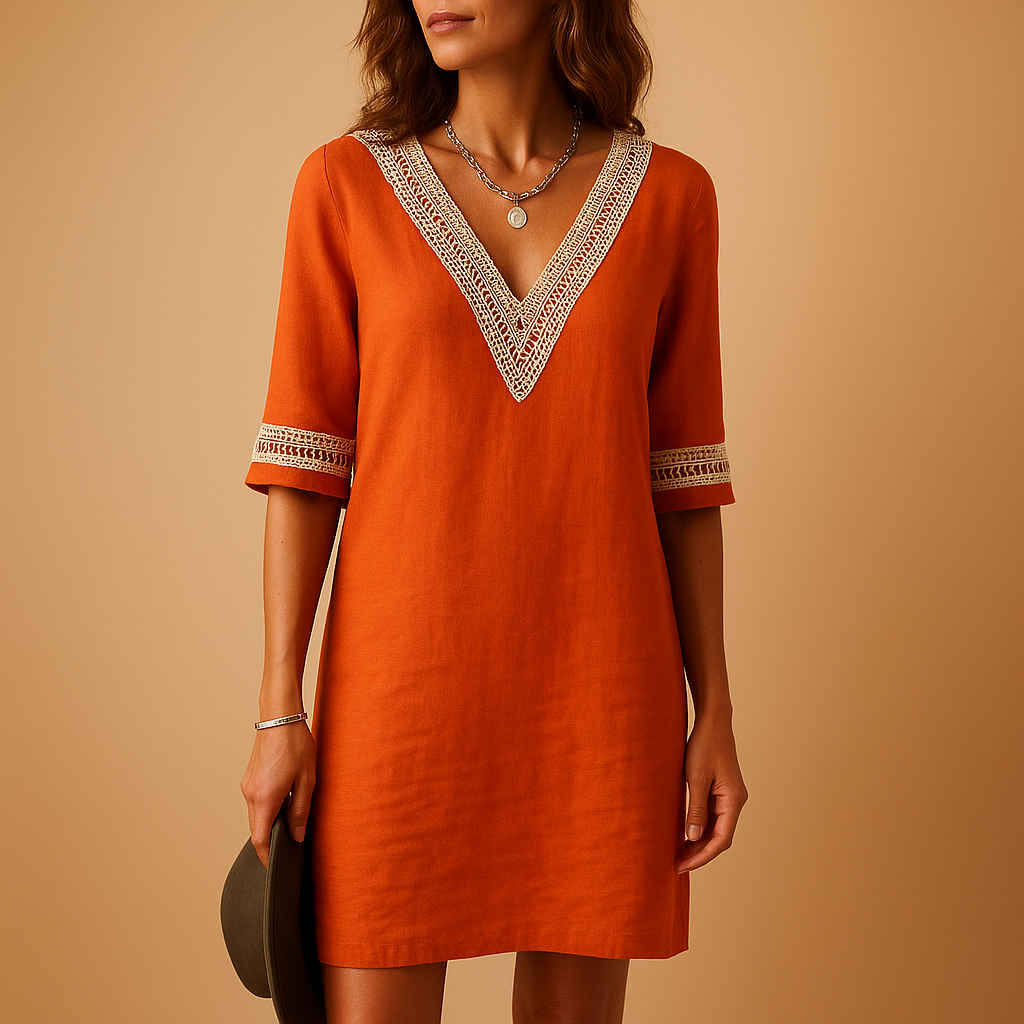 V-neck summer dress with lace details for women featuring three-quarter sleeves and a relaxed fit, perfect for beach days and casual summer outings.
