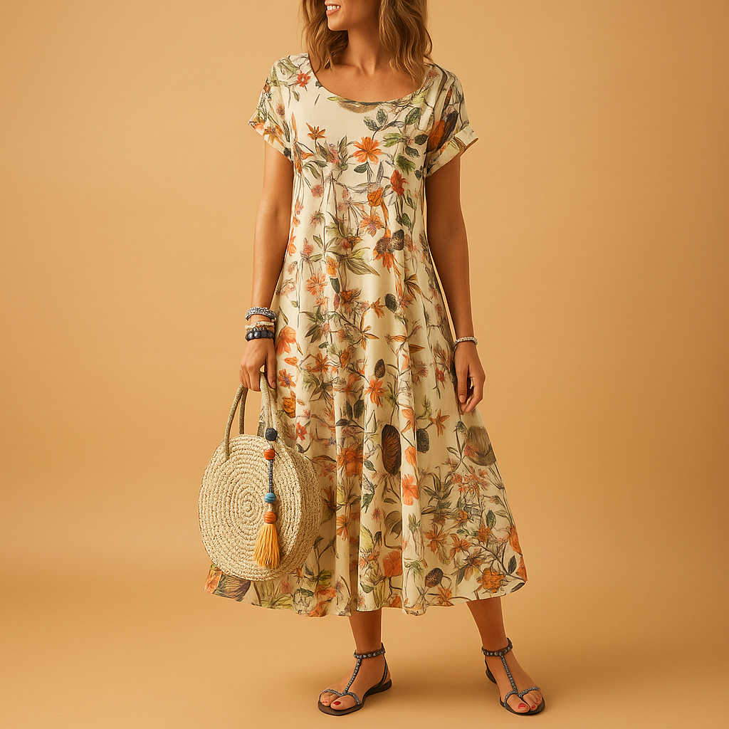 Women’s vintage floral summer dress with boat neck, short sleeves, and loose breathable fit, perfect for beach days, vacations, and casual summer outfits.