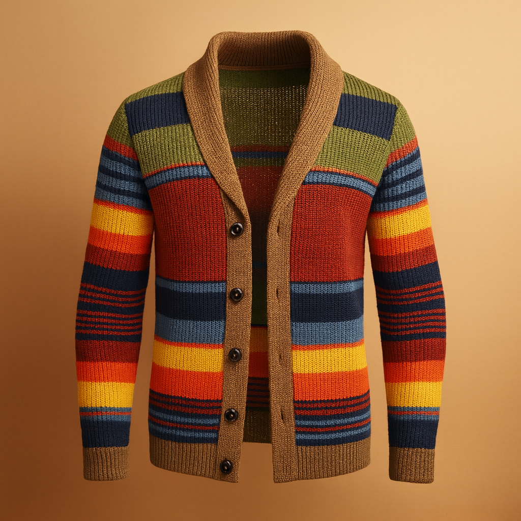 Men’s vintage knitted cardigan with button-down design, warm chunky texture, and timeless style for autumn and winter outfits.
