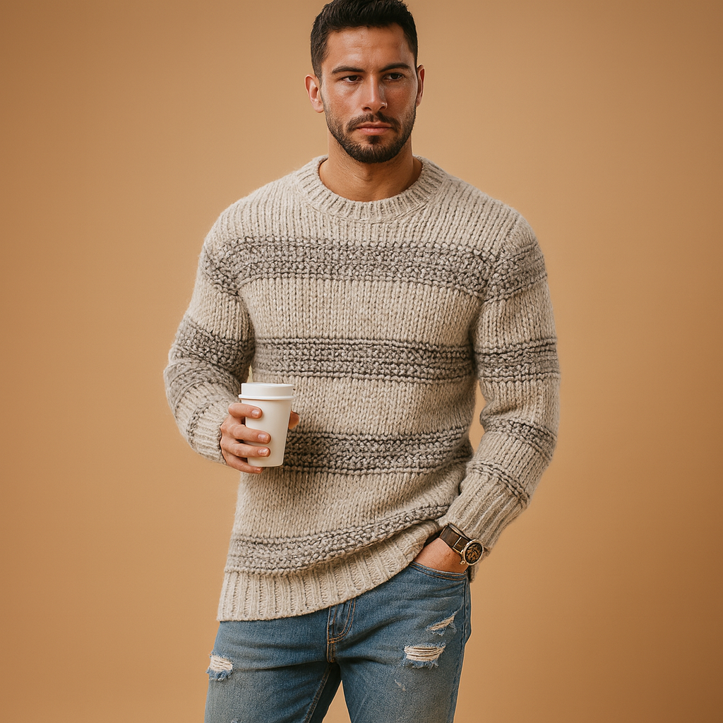 Men’s warm Norwegian knit sweater with chunky texture and classic Nordic details, perfect for autumn and winter casual or formal looks.