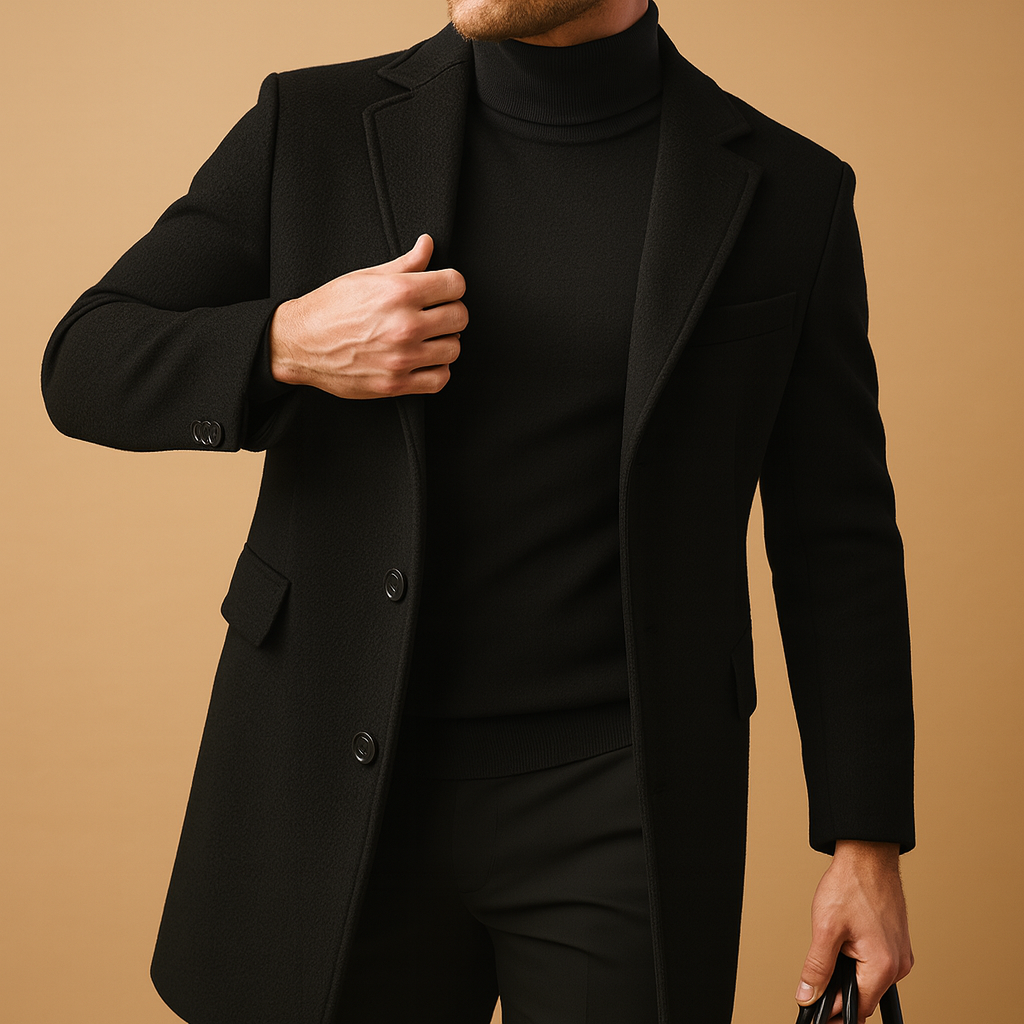 Men’s warm overcoat with a relaxed fit and elegant design, suitable for daily wear, business settings, and formal occasions during autumn and winter.