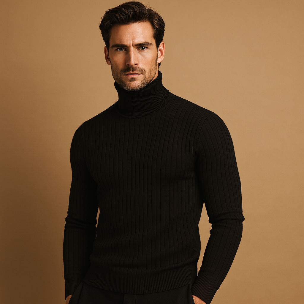 Men’s warm knitted turtleneck sweater in a classic winter design, offering comfort and style for everyday and formal wear.