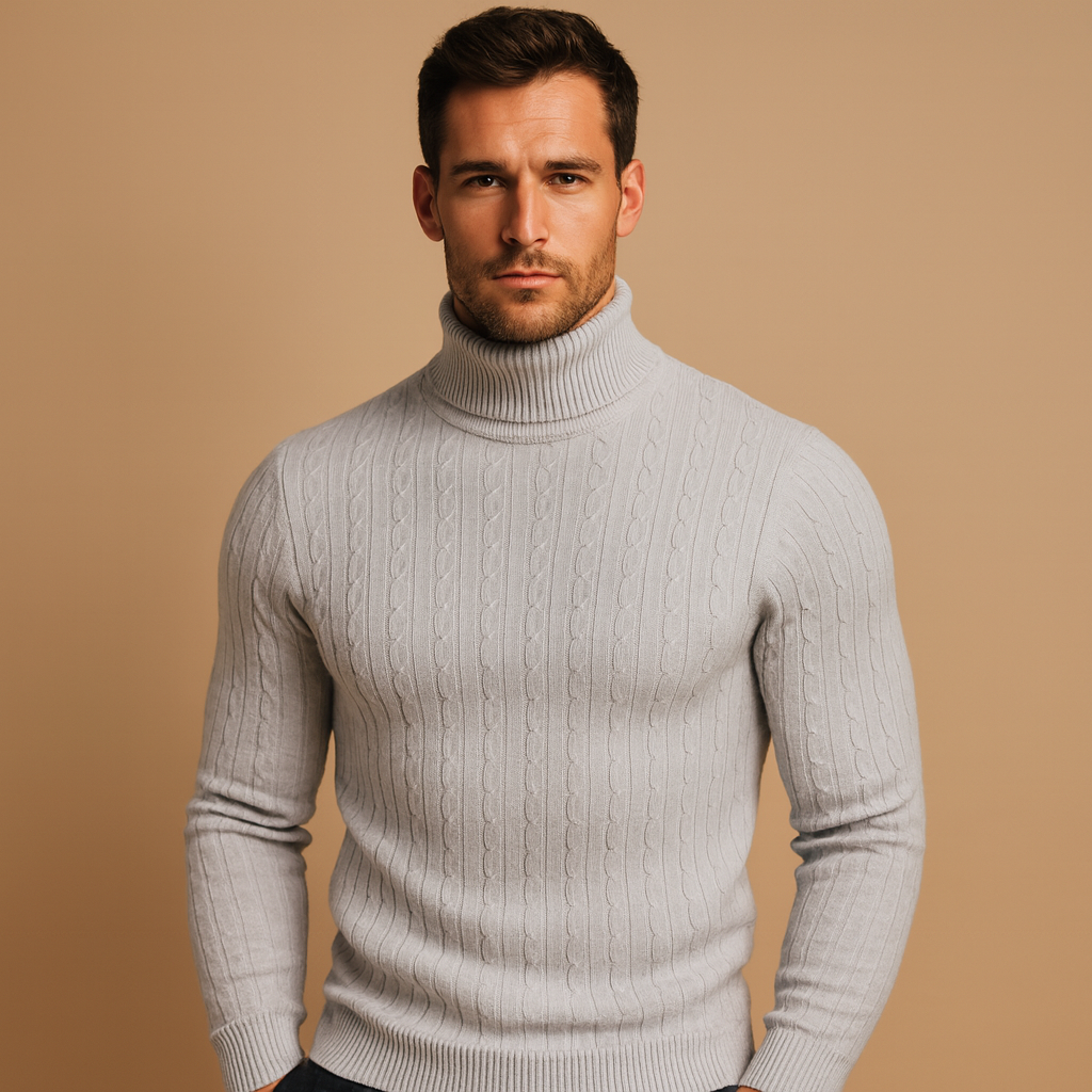 Men’s warm knitted turtleneck sweater in a classic winter design, offering comfort and style for everyday and formal wear.