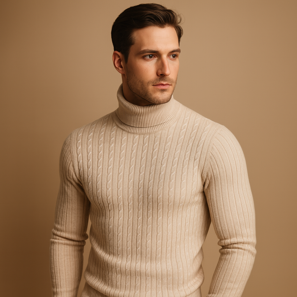 Men’s warm knitted turtleneck sweater in a classic winter design, offering comfort and style for everyday and formal wear.