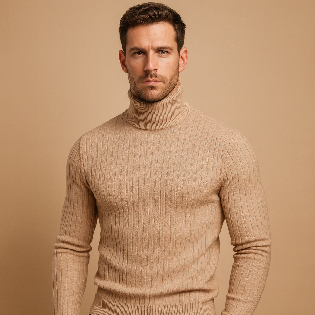 Men’s warm knitted turtleneck sweater in a classic winter design, offering comfort and style for everyday and formal wear.