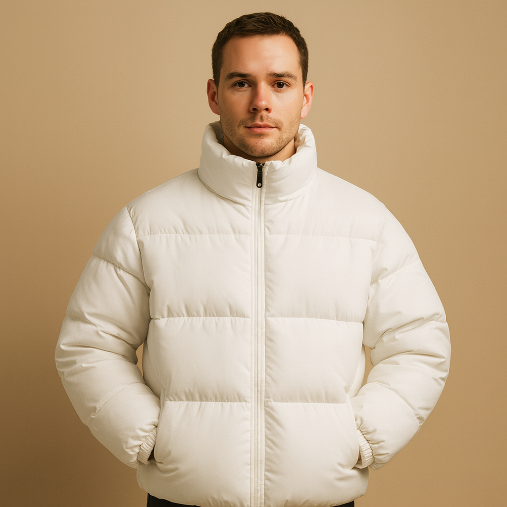 Men’s warm winter jacket with a high collar, premium insulation, and regular fit, suitable for daily outings and winter evenings.