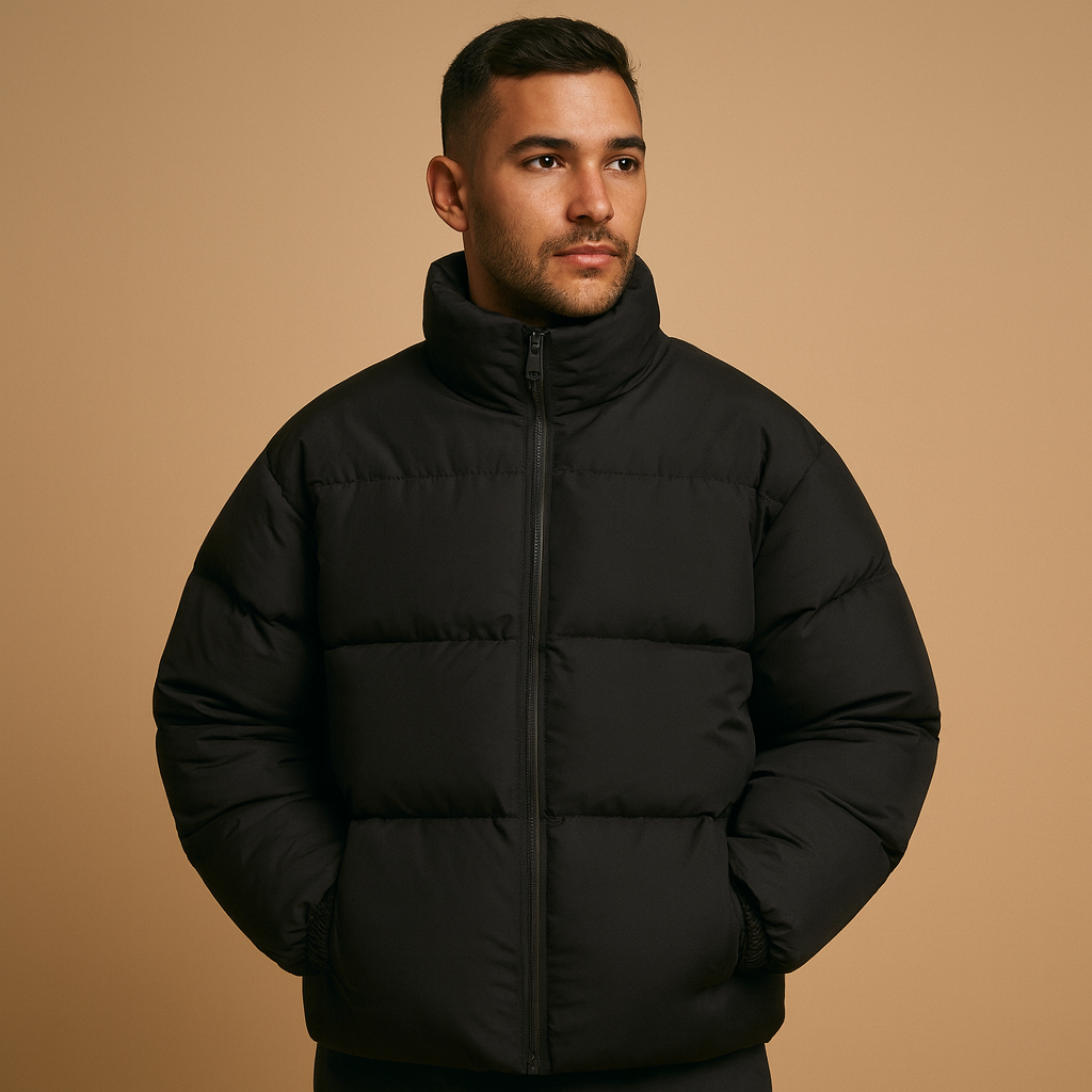 Men’s warm winter jacket with a high collar, premium insulation, and regular fit, suitable for daily outings and winter evenings.