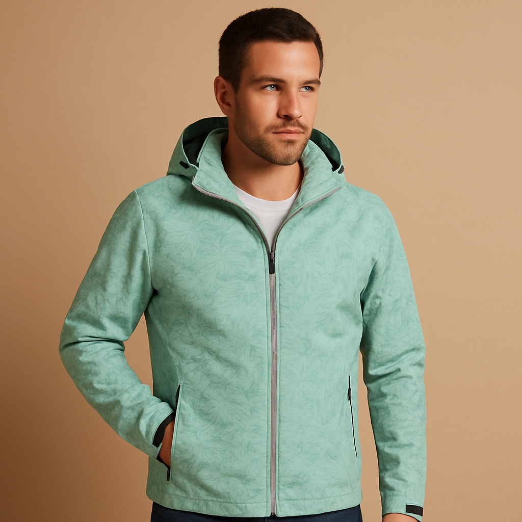 Men’s waterproof outdoor jacket with a breathable design, adjustable hood, zip pockets, and a subtle leaf pattern for daily wear and outdoor activities.