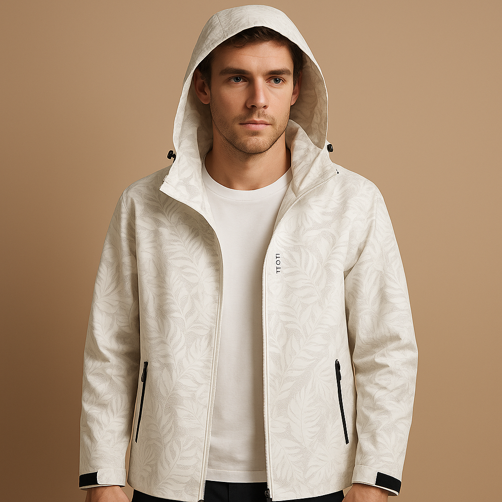 Men’s waterproof outdoor jacket with a breathable design, adjustable hood, zip pockets, and a subtle leaf pattern for daily wear and outdoor activities.