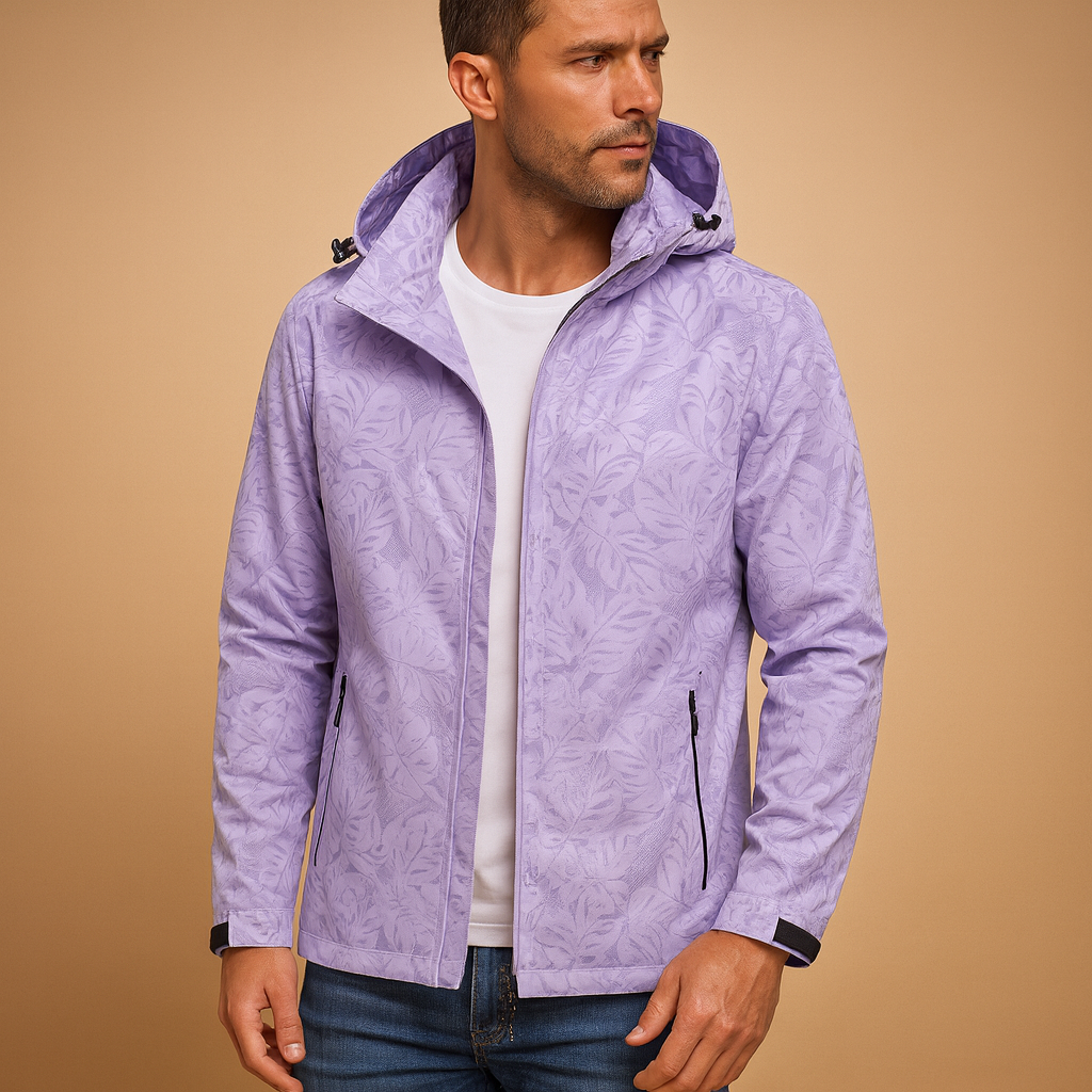 Men’s waterproof outdoor jacket with a breathable design, adjustable hood, zip pockets, and a subtle leaf pattern for daily wear and outdoor activities.