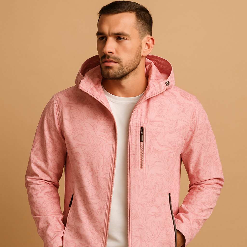 Men’s waterproof outdoor jacket with a breathable design, adjustable hood, zip pockets, and a subtle leaf pattern for daily wear and outdoor activities.