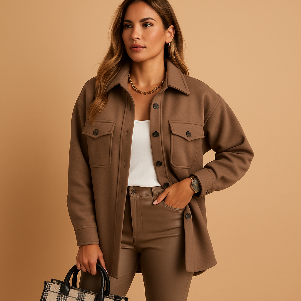 Woman wearing a waterproof tailored jacket with a structured collar, button closure, and pockets, suitable for work and casual outfits.