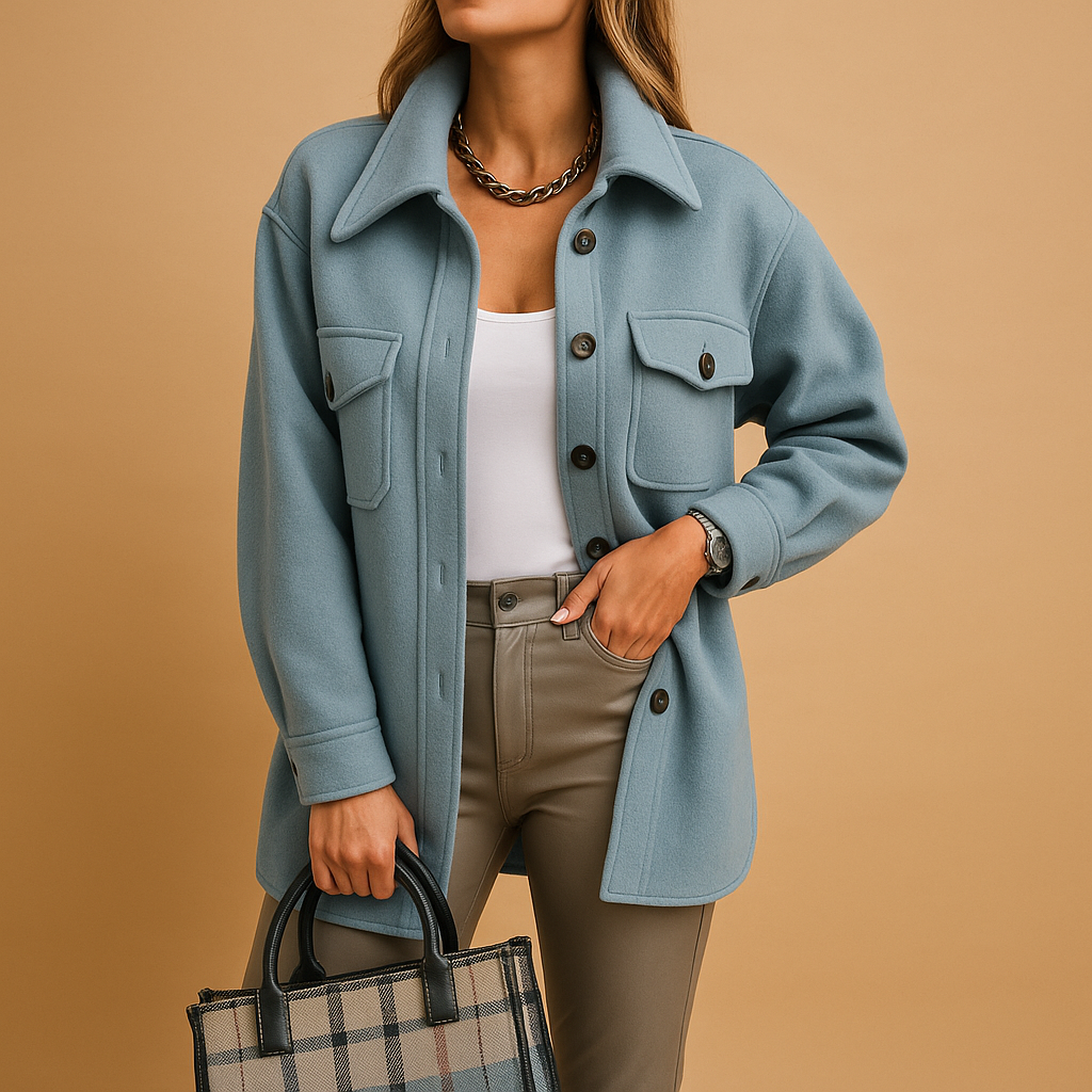 Woman wearing a waterproof tailored jacket with a structured collar, button closure, and pockets, suitable for work and casual outfits.