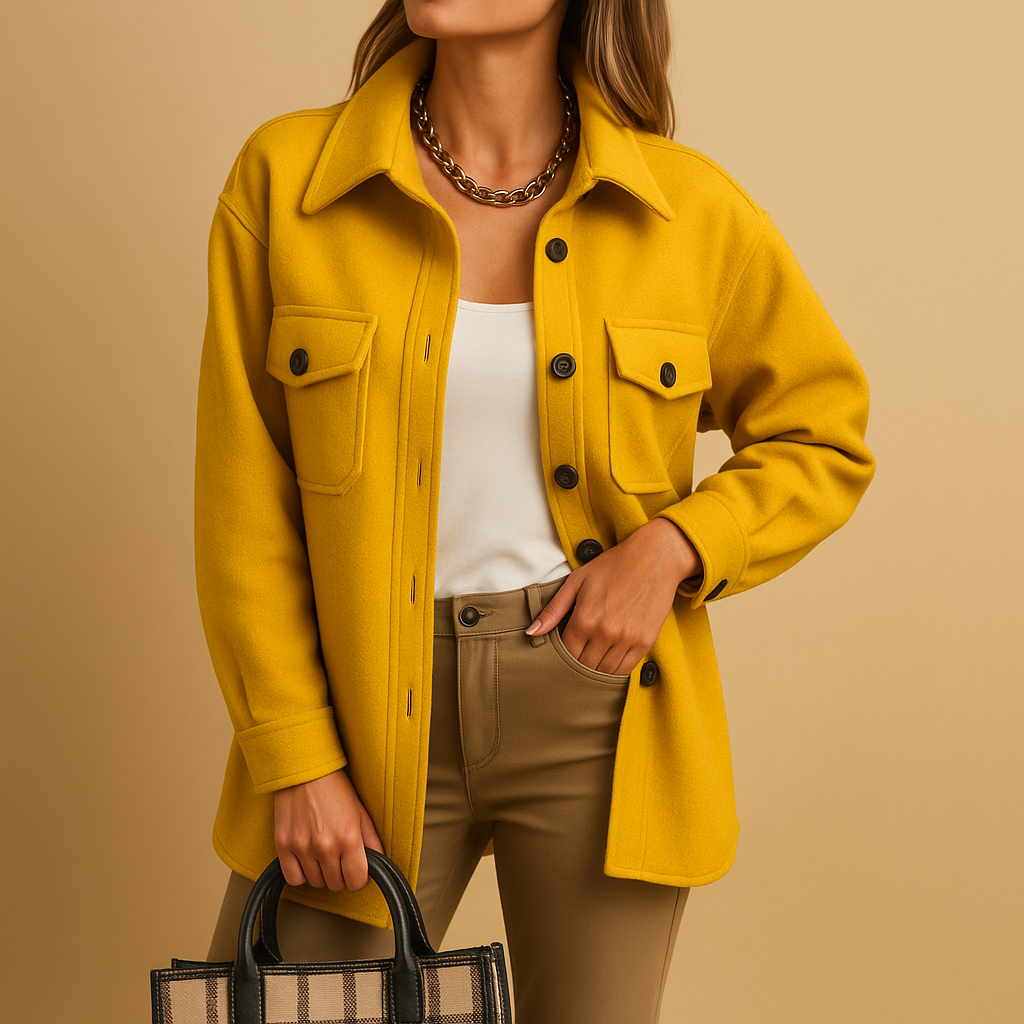 Woman wearing a waterproof tailored jacket with a structured collar, button closure, and pockets, suitable for work and casual outfits.