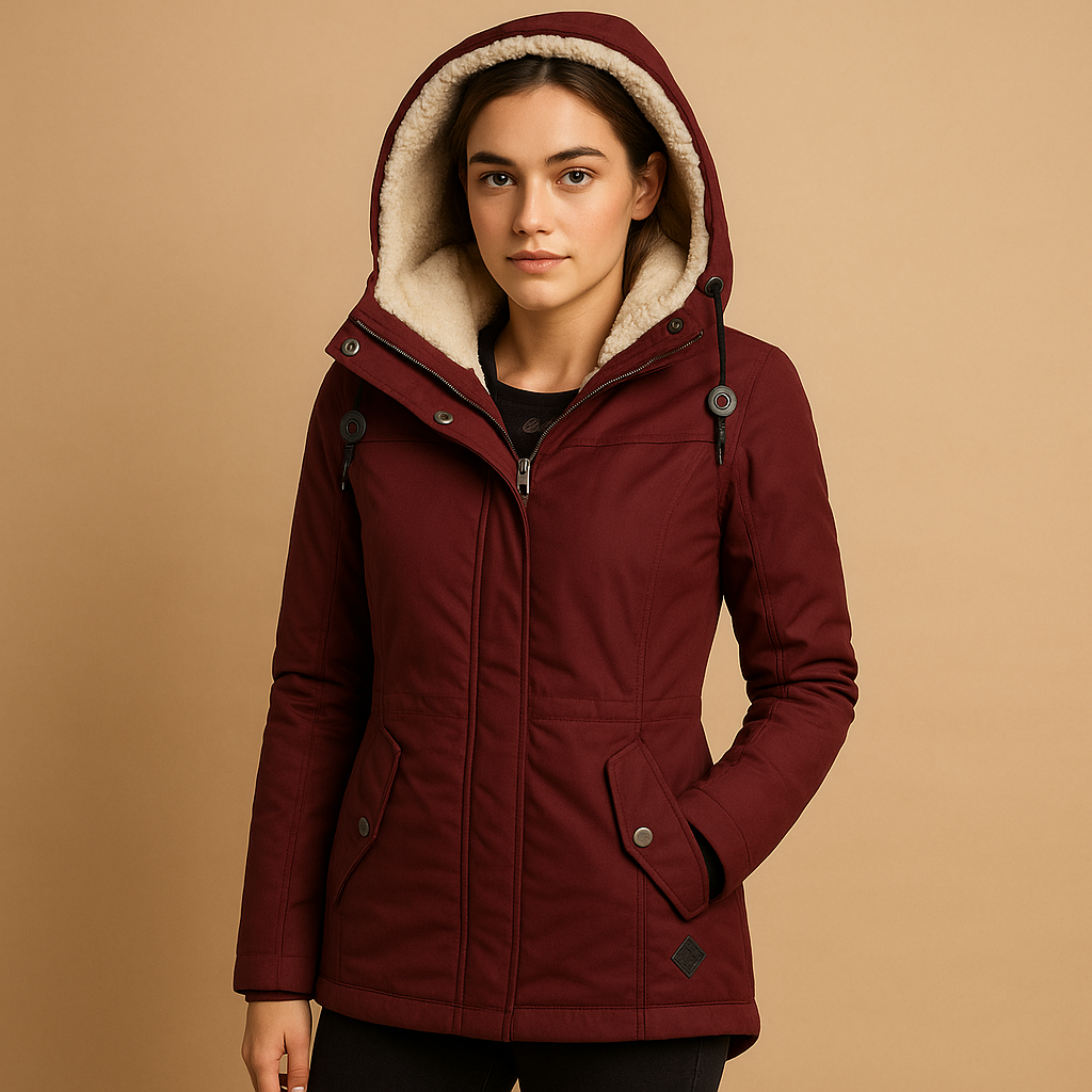 Woman wearing a waterproof parka with adjustable waist, two-way zipper, and windproof exterior, ideal for wet and windy weather.