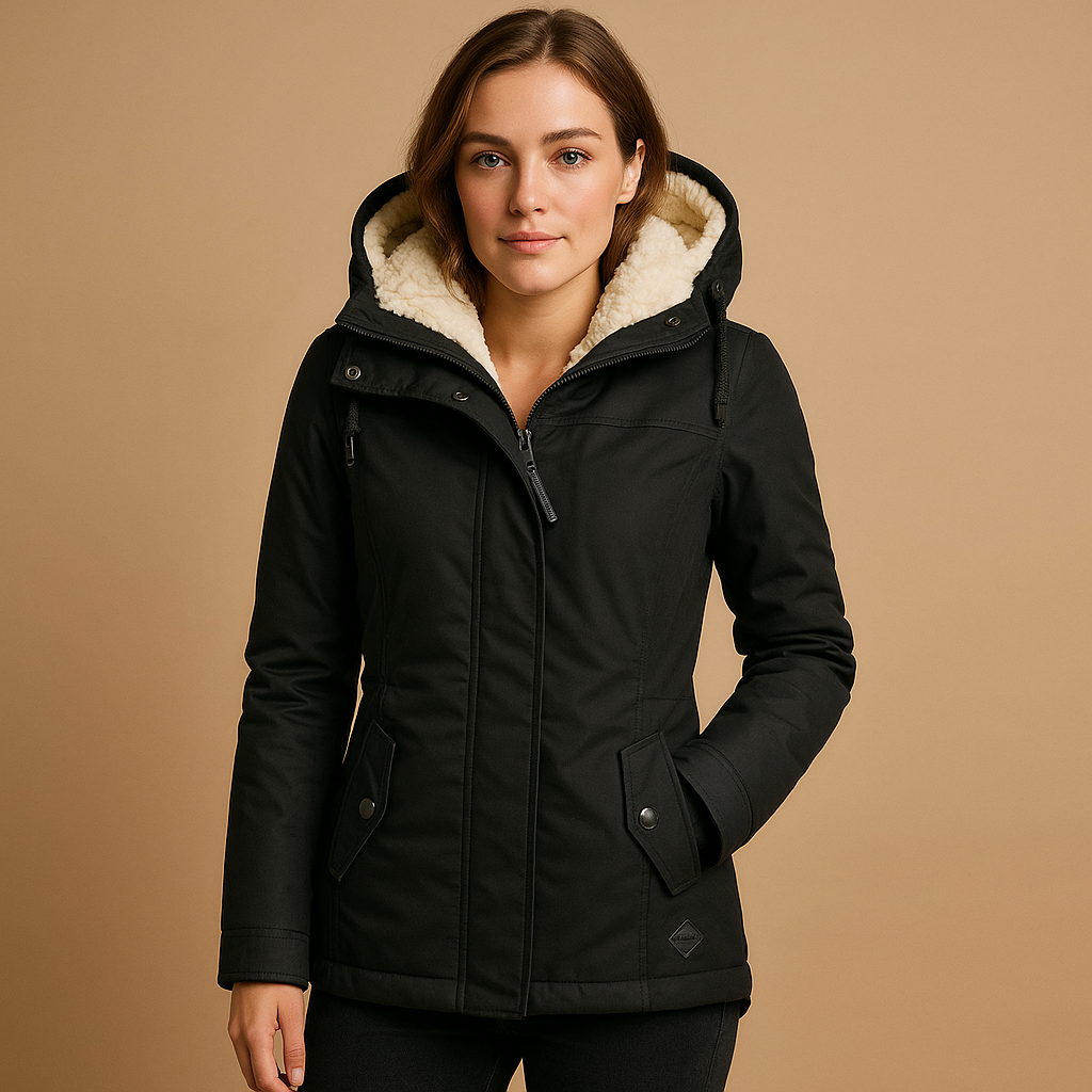 Woman wearing a waterproof parka with adjustable waist, two-way zipper, and windproof exterior, ideal for wet and windy weather.