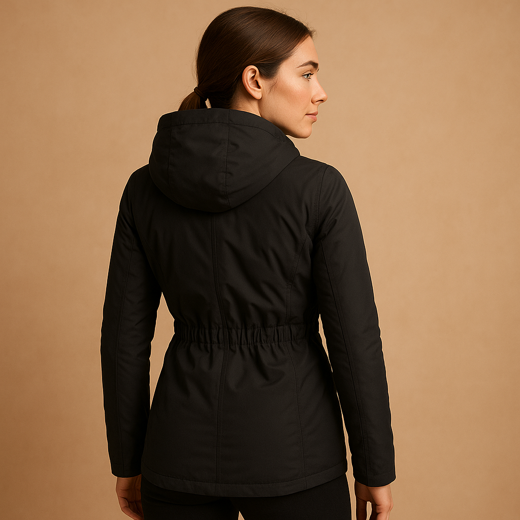 Woman wearing a waterproof parka with adjustable waist, two-way zipper, and windproof exterior, ideal for wet and windy weather.