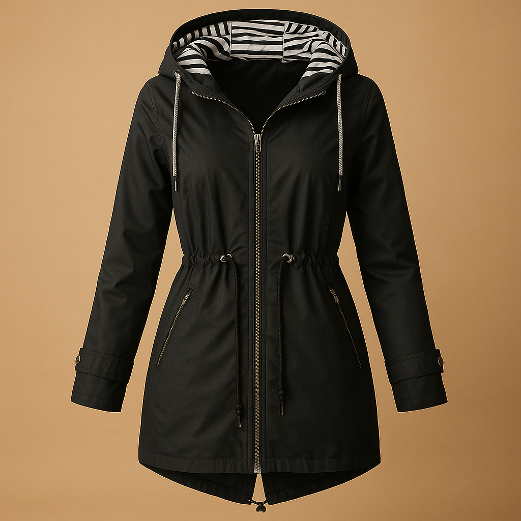 Woman wearing a waterproof parka with adjustable waist, two-way zipper, and windproof exterior, ideal for wet and windy weather.