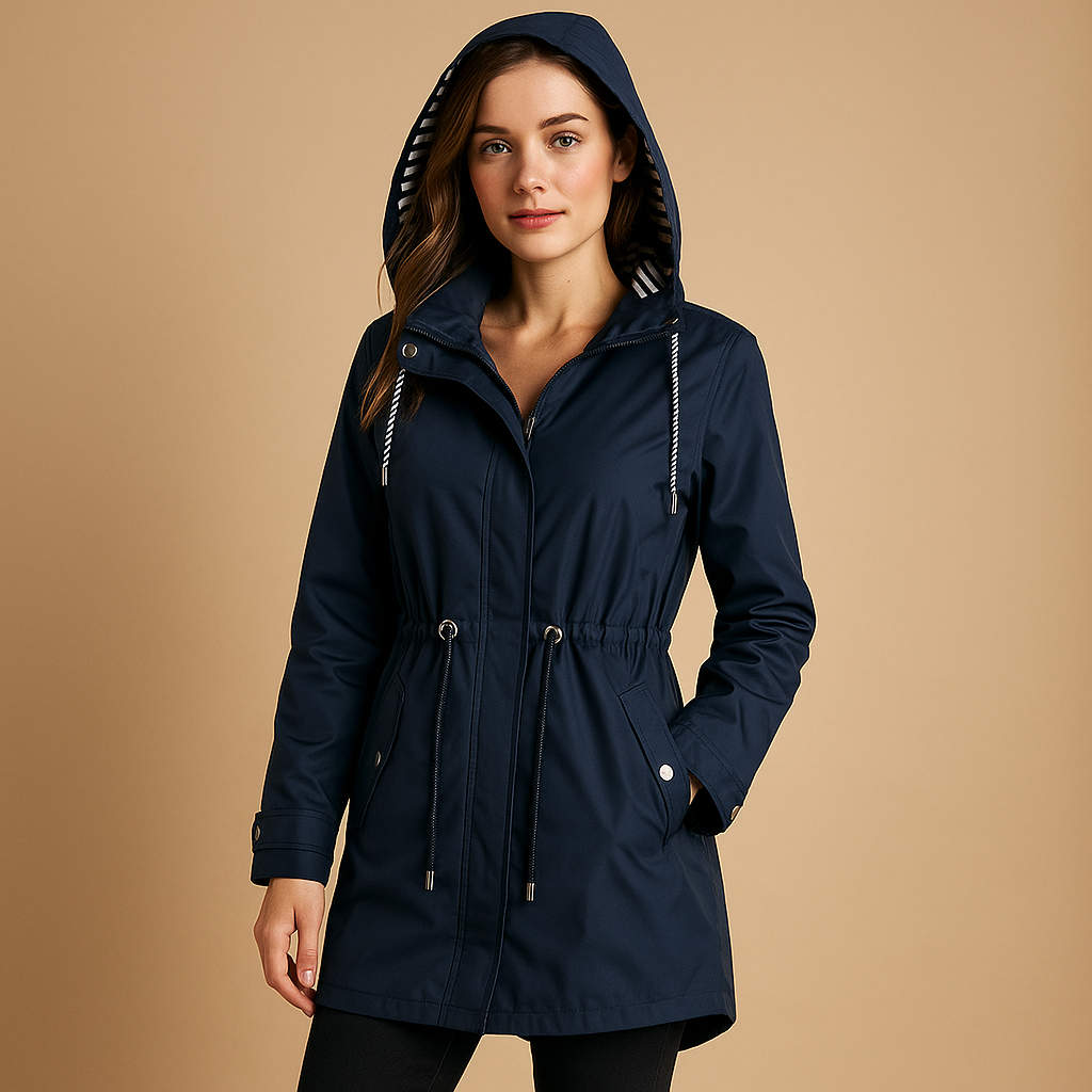 Woman wearing a waterproof parka with adjustable waist, two-way zipper, and windproof exterior, ideal for wet and windy weather.