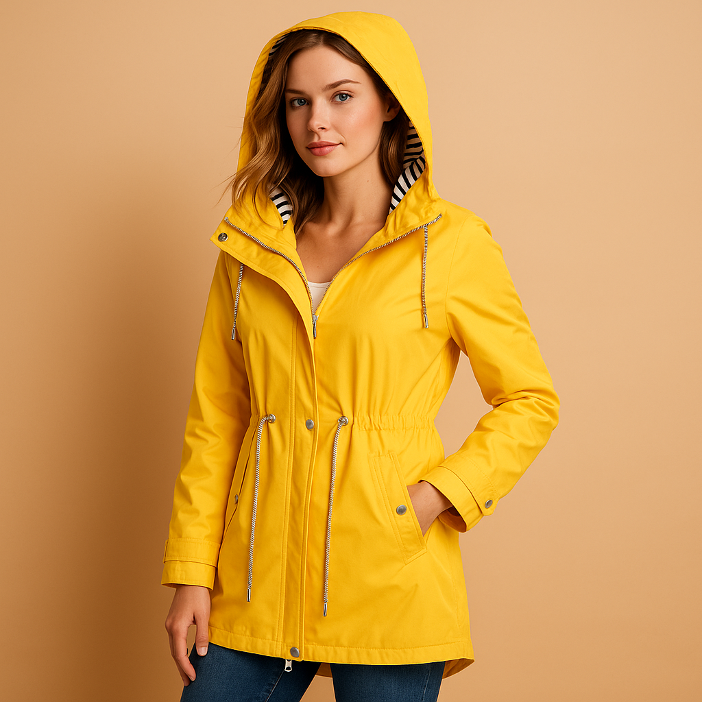 Woman wearing a waterproof parka with adjustable waist, two-way zipper, and windproof exterior, ideal for wet and windy weather.