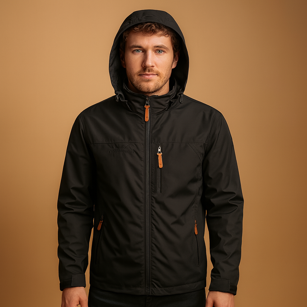 Men’s waterproof rain jacket with adjustable hood and breathable design, suitable for daily wear, city walks, and outdoor adventures.
