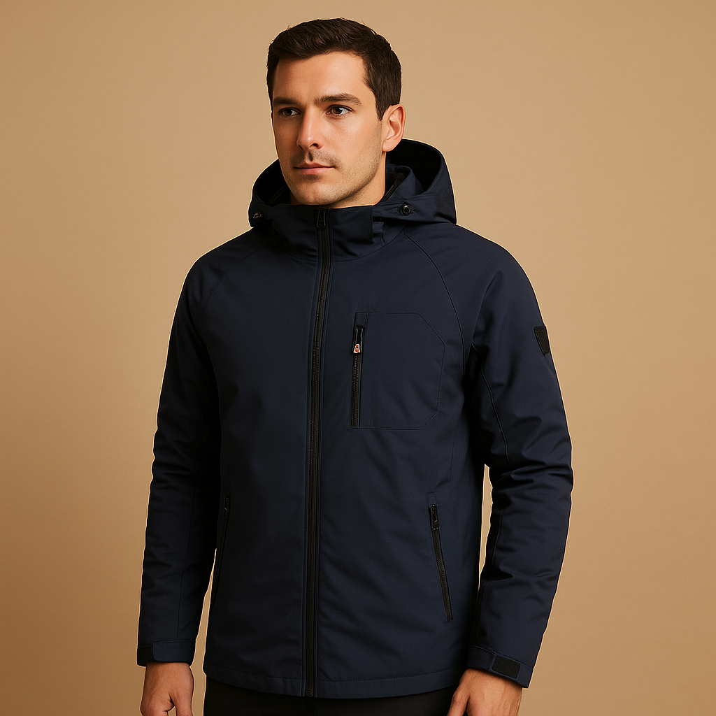 Men’s waterproof windbreaker jacket with breathable design and zip pockets, suitable for outdoor activities, sports, and everyday wear.