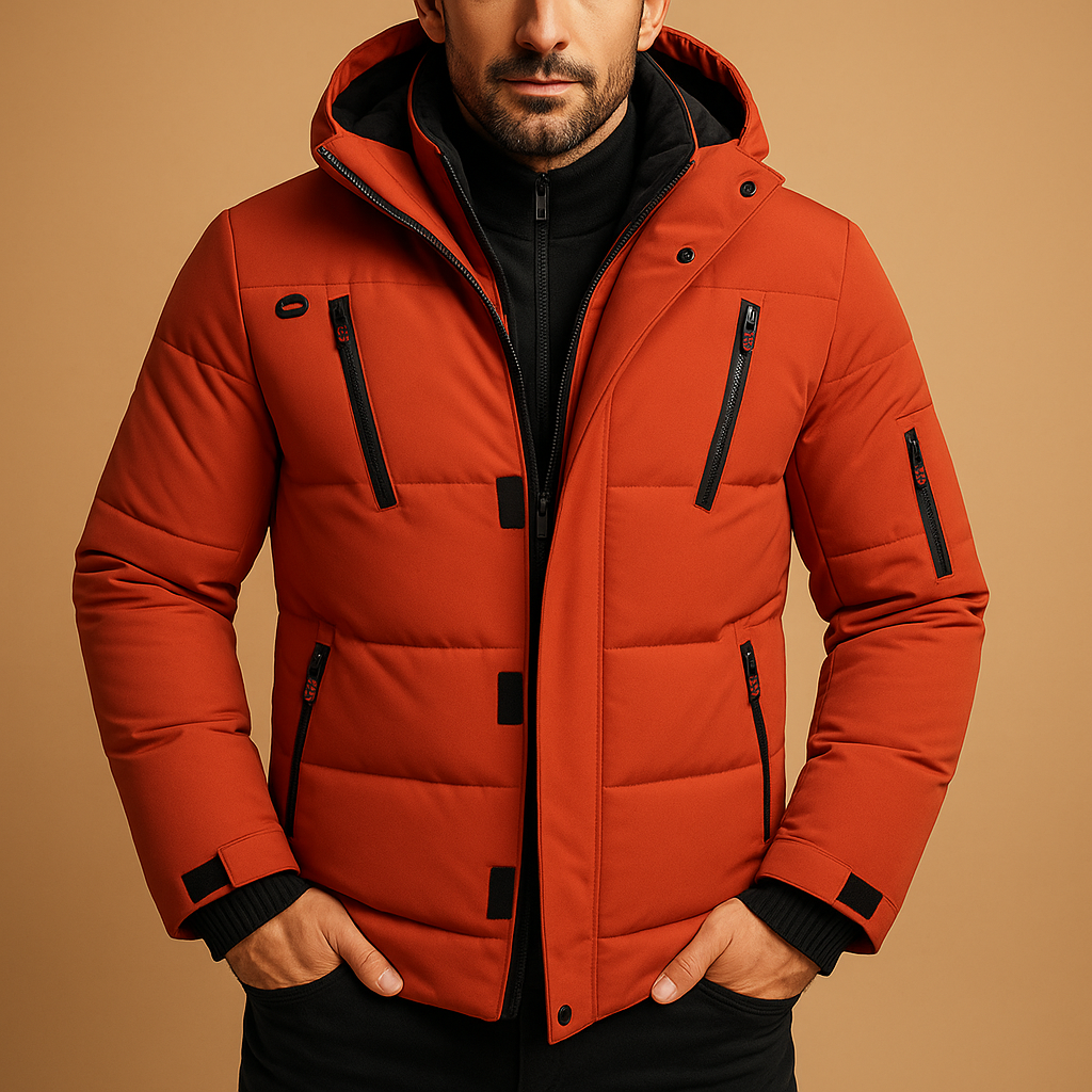 Men’s waterproof winter jacket with insulating lining, adjustable hood, and practical pockets, suitable for commuting, outdoor activities, and daily winter wear.