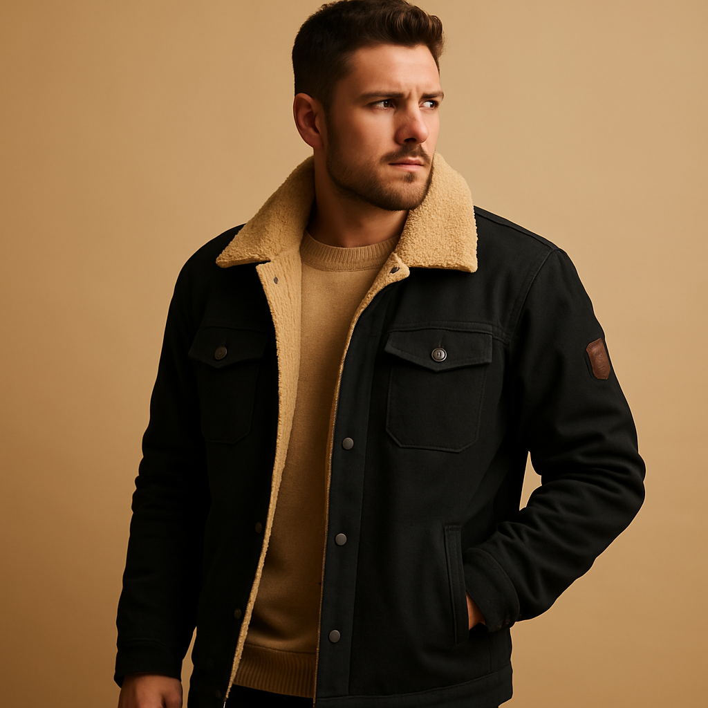 Men’s winter bomber jacket with ribbed cuffs and insulating lining, suitable for casual outfits and winter outings.