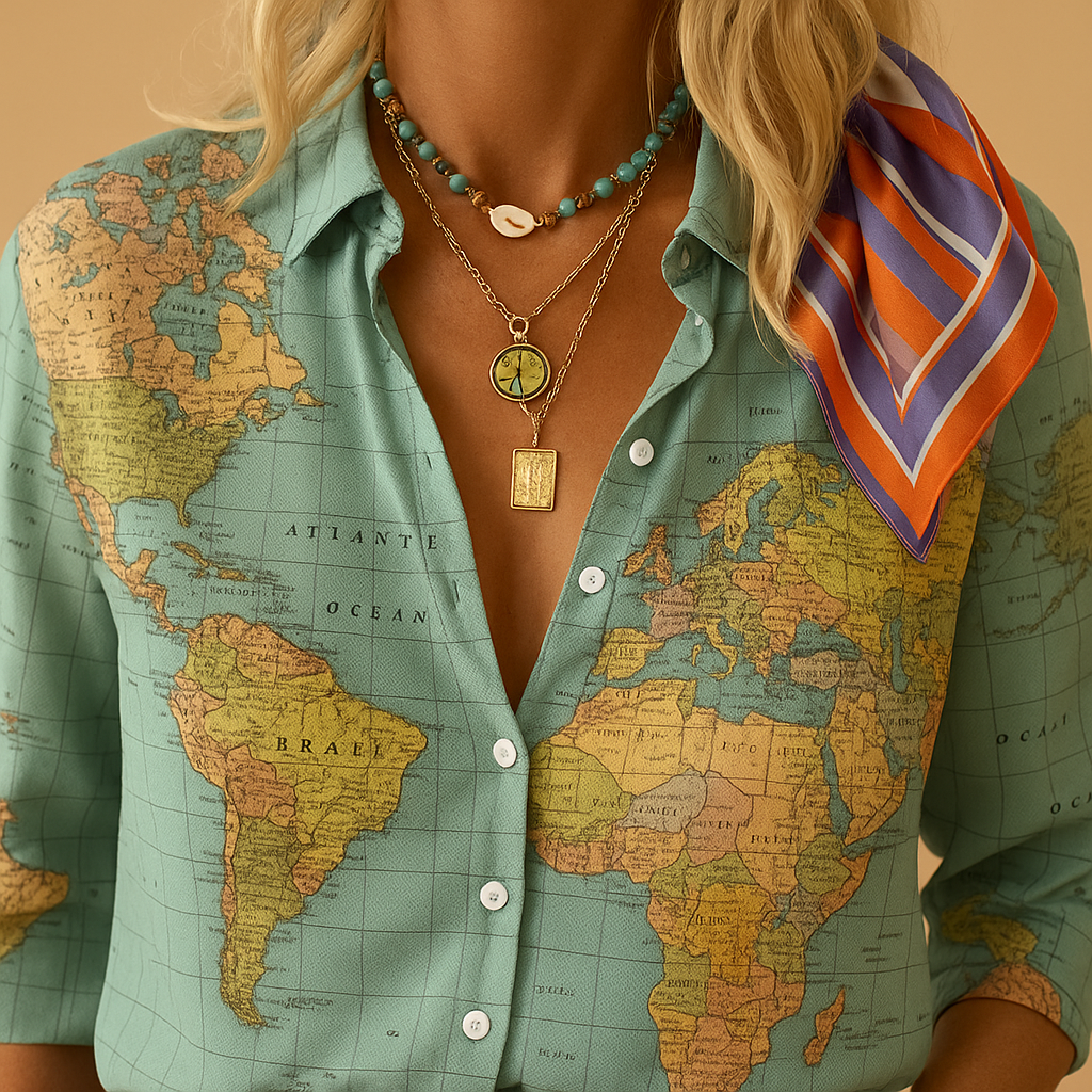 Women’s lightweight green blouse with world map print and half button closure, ideal for travel, casual wear and stylish work outfits.