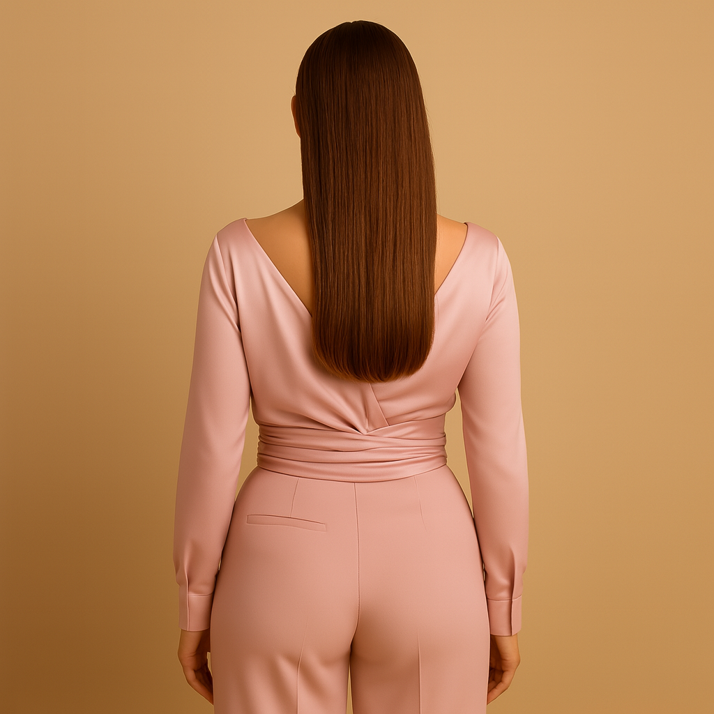 Women’s wrap blouse with adjustable tie waist and long sleeves in pink, perfect for elegant casual and formal looks.