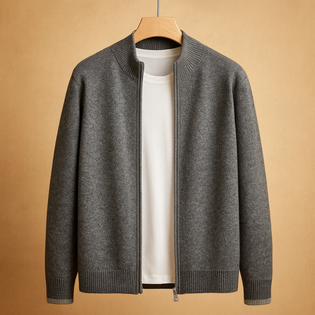 Men’s zip-up cardigan with a knitted collar in a minimalist design, offering warm and comfortable layering for autumn and winter outfits.