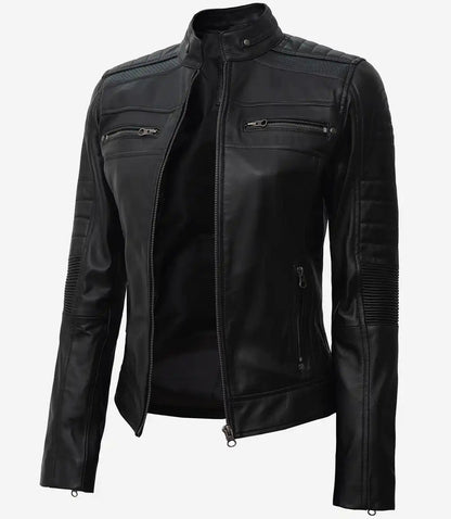 Black Cafe Racer Leather Jacket for Women