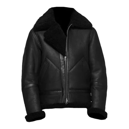 Black Leather Aviator Jacket with Shearling for Men