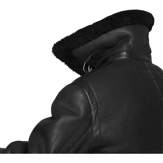 Black Leather Aviator Jacket with Shearling for Men