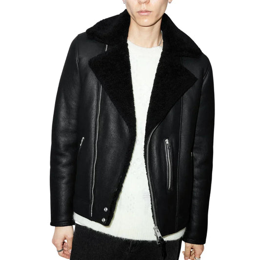 Black Shearling Moto Leather Jacket for Men