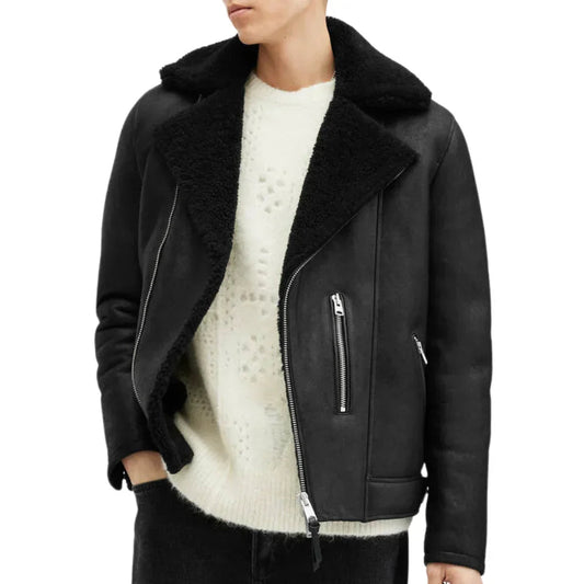 Black Shearling Moto Leather Jacket for Men