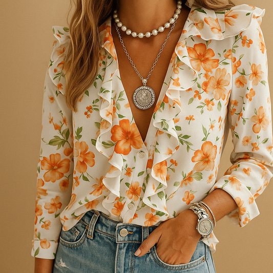 Elegant women’s blouse with butterfly print and ruffled long sleeves, ideal for spring, work, or casual occasions.