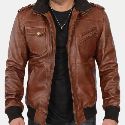 Brown Leather Bomber Jacket for Men with Zip-Off Hood