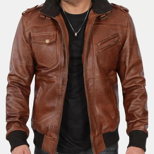 Brown Leather Bomber Jacket for Men with Zip-Off Hood