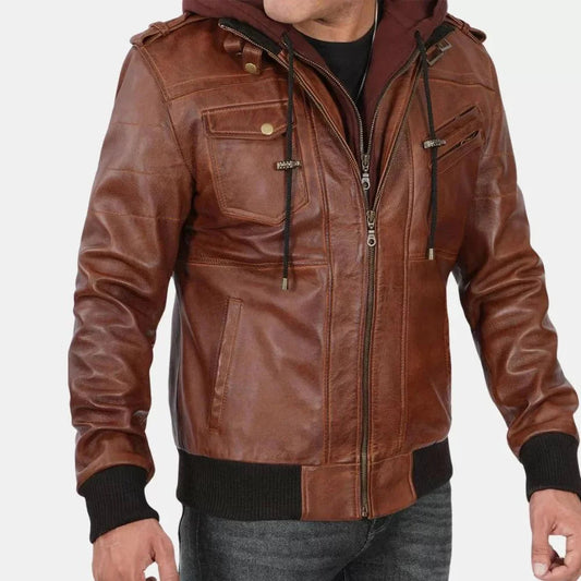 Brown Leather Bomber Jacket for Men with Zip-Off Hood