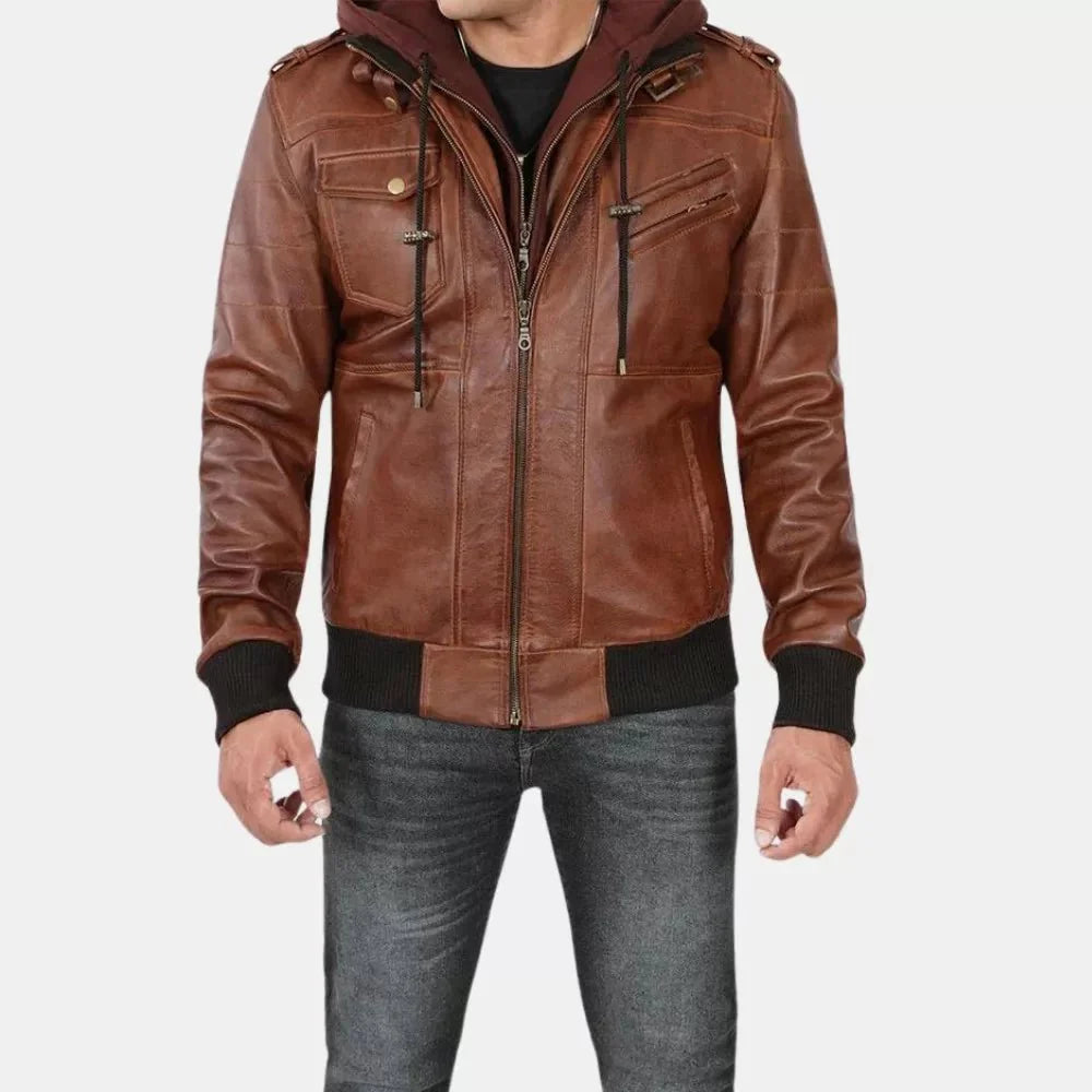 Brown Leather Bomber Jacket for Men with Zip-Off Hood