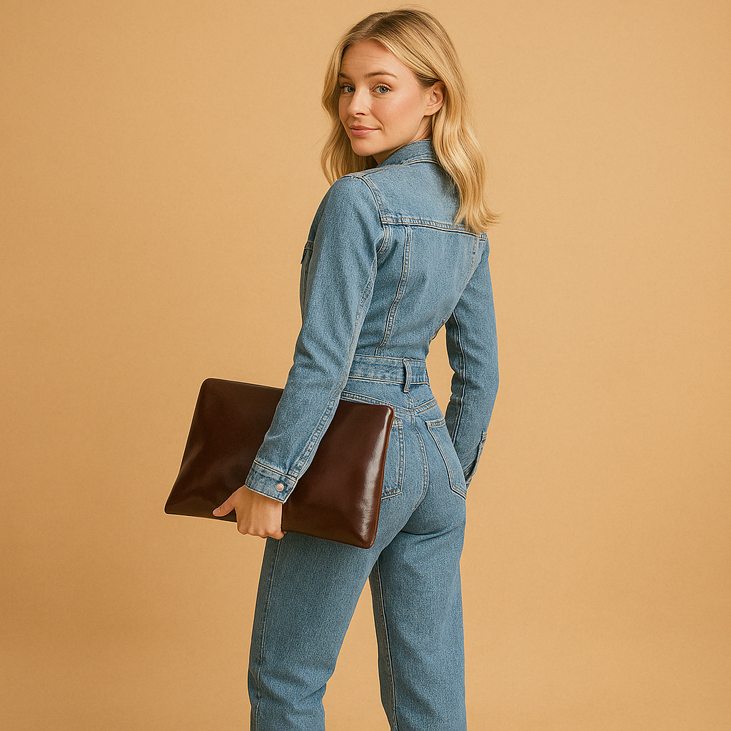 Denim jumpsuit with long sleeves for women, featuring a straight-leg cut and casual style for everyday comfort and fashion.