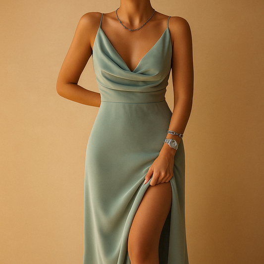 Elegant women’s maxi dress with V-neckline and flowing fit, ideal for weddings, galas, and formal evening occasions.