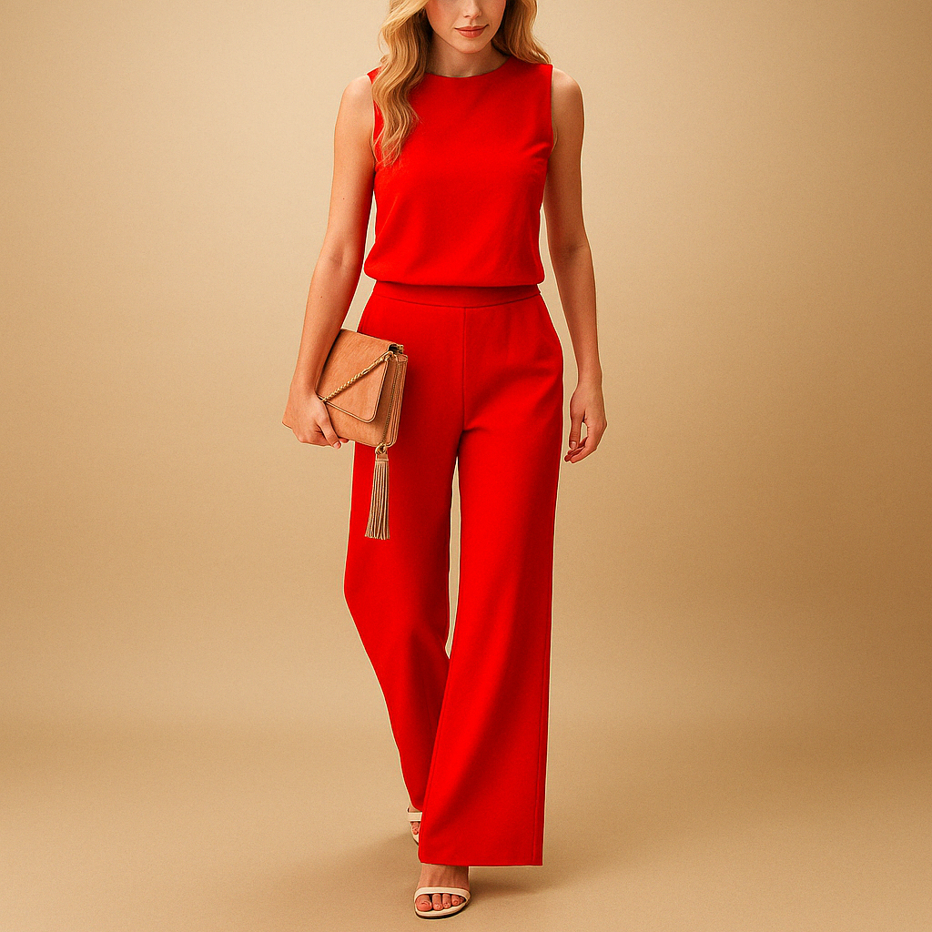 Elegant wide-leg jumpsuit for women with round neckline and mid-waist fit, perfect for work, evenings, and special occasions.