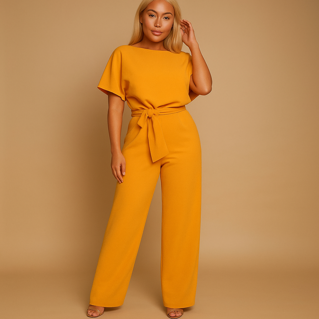High-waist jumpsuit with lace-up detail for women, featuring a tailored fit and soft draping fabric for casual chic or formal occasions.