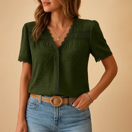 Elegant lace V-neck blouse for women with intricate detailing, perfect for work, evenings, or special events.