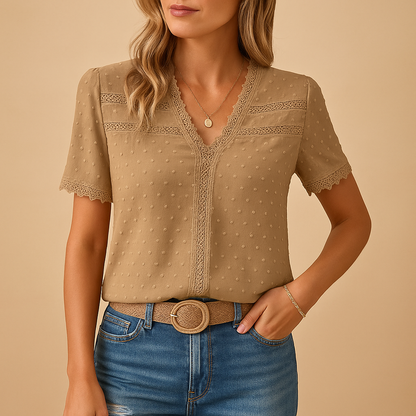 Elegant lace V-neck blouse for women with intricate detailing, perfect for work, evenings, or special events.