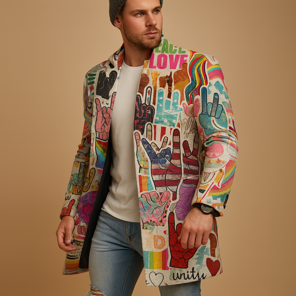 Men’s long graphic coat with graphic pattern and elongated fit, suitable for everyday wear, work, and evening occasions.