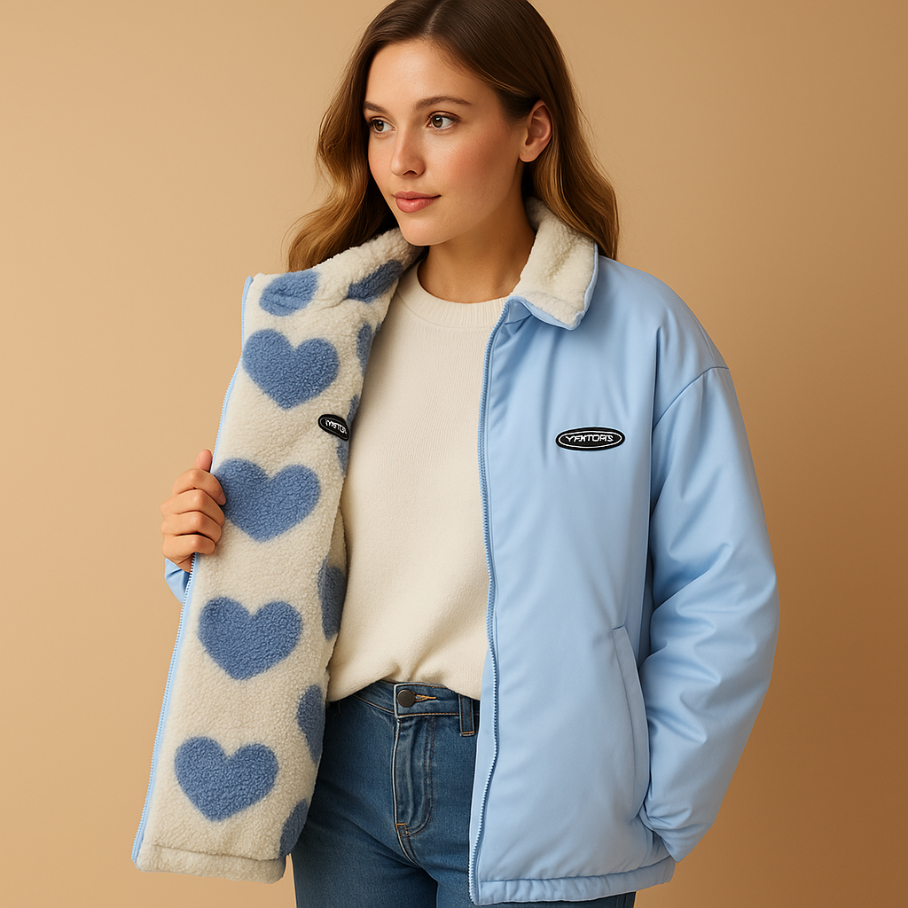 Reversible winter coat for women with a sleek silhouette, available in black, blue, and pink, offering two stylish looks in one warm design.