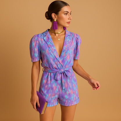 Short summer romper for women in vibrant pink and purple print with flattering belted waist, ideal for warm weather and casual outings.
